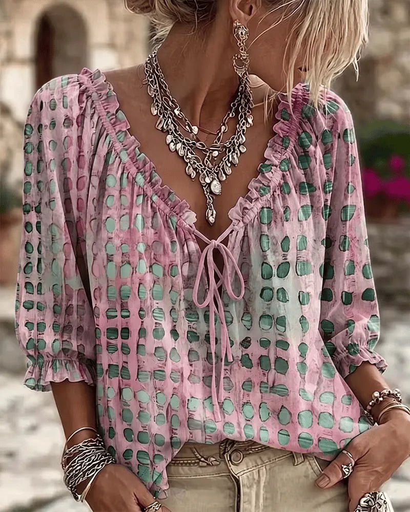 Mireva - Blouse femme à pois avec col V et lien ajustable