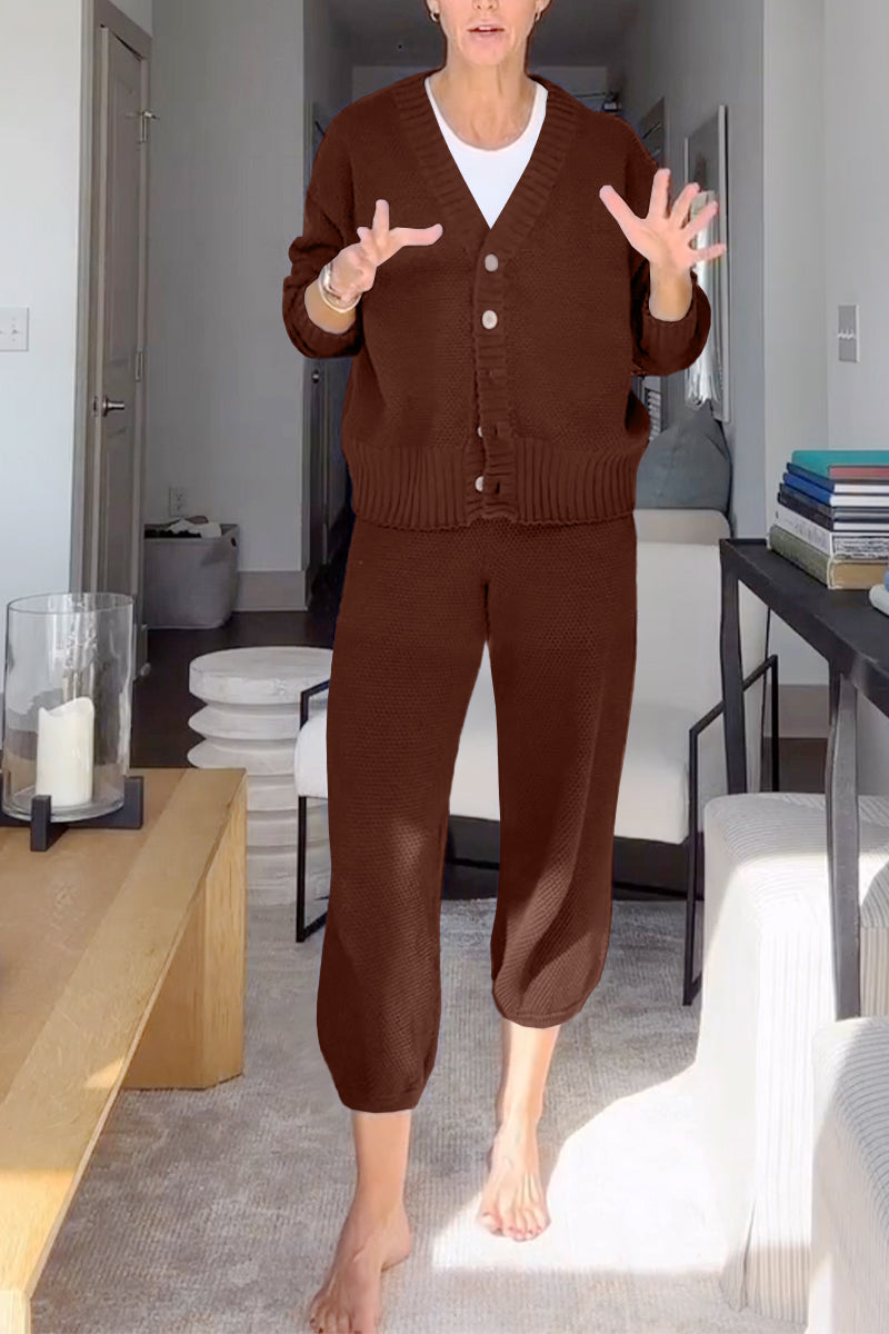 Marielle - Ensemble décontracté femme à col en V et texture gaufrée
