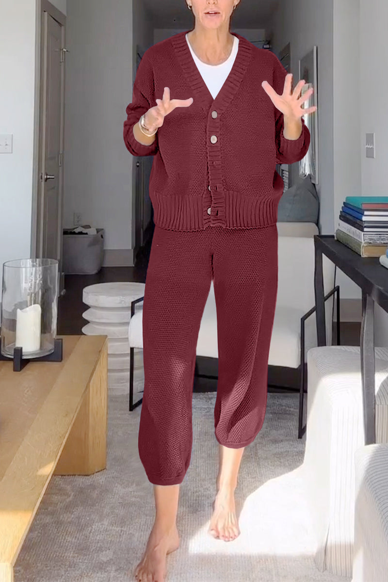 Marielle - Ensemble décontracté femme à col en V et texture gaufrée