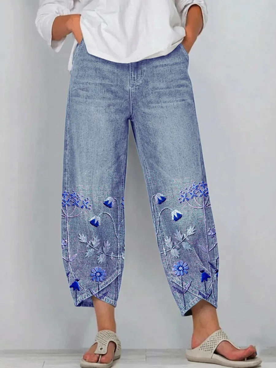 Fiorixa - Pantalon femme denim broderie florale coupe droite casual