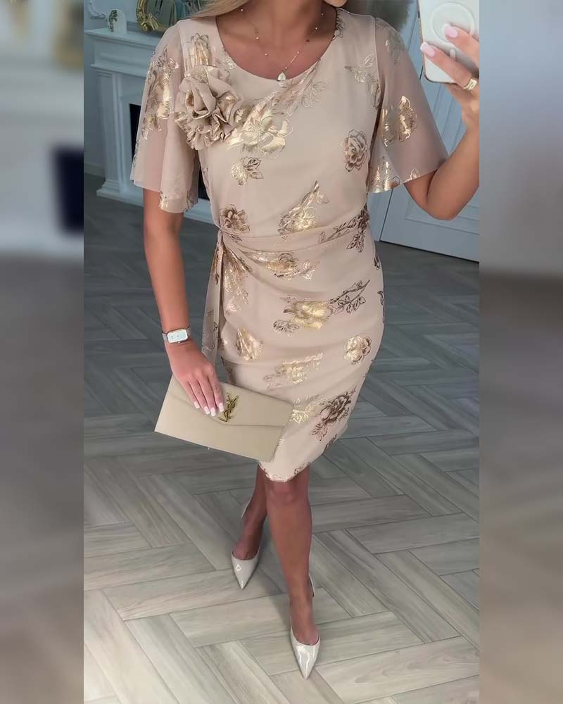 Dorevina - Robe femme élégante imprimée florale avec manches courtes et taille ajustée