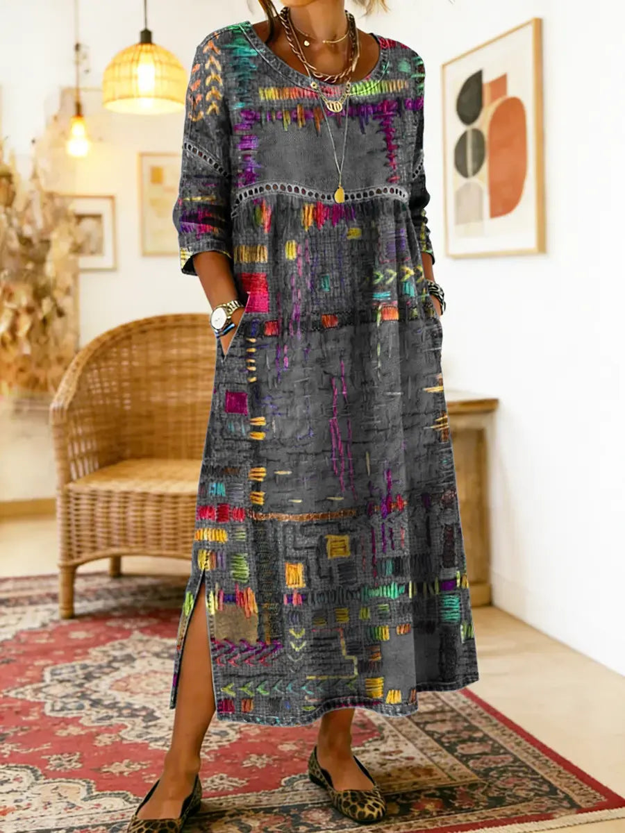 Lunethra - Robe Denim Patchwork Ethnique Femme