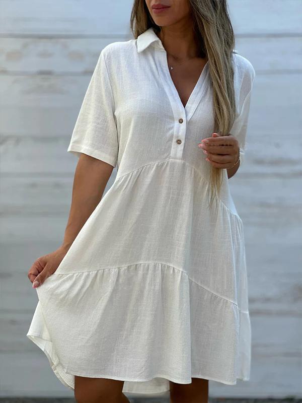 Vionelle - Robe décontractée, unie, à manches courtes en coton et lin pour femme