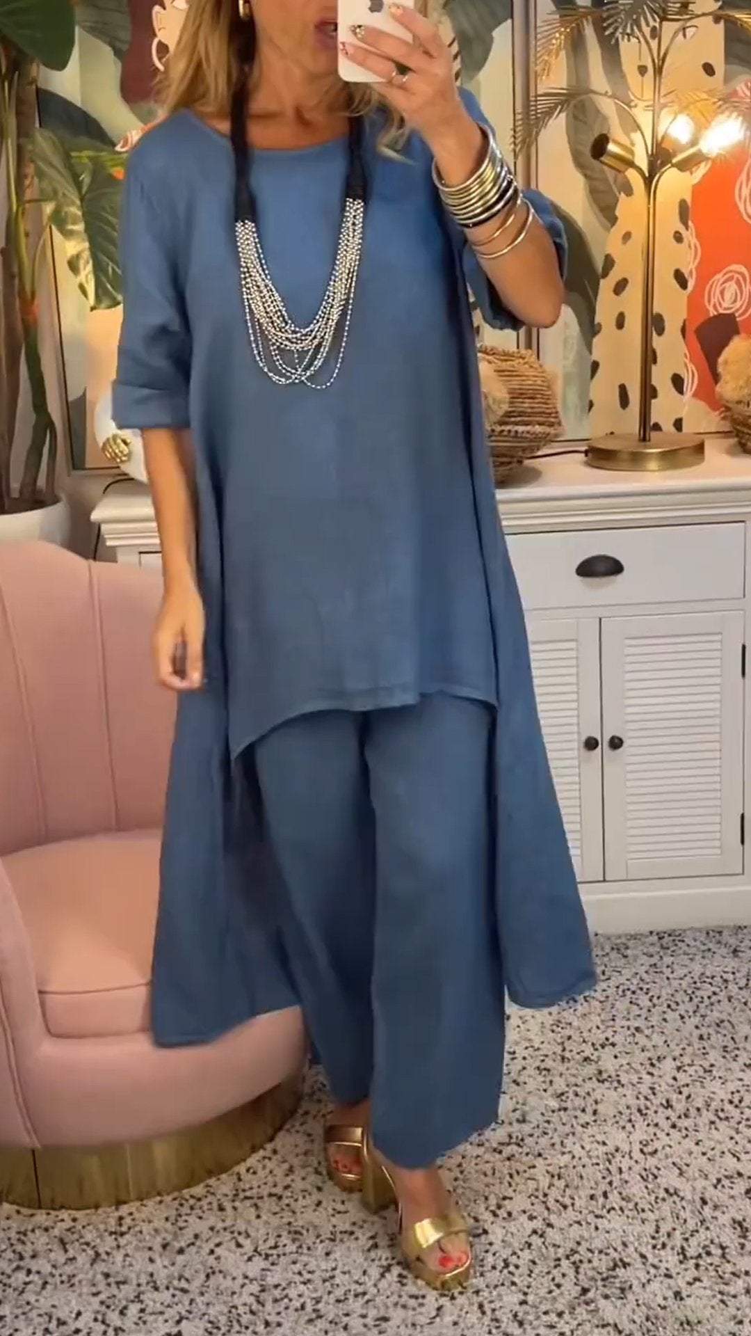 Melantha - Ensemble Deux Pièces Coton et Lin à Décolleté Rond Manches Longues