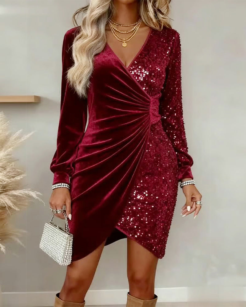 Fayriona - Robe Décolleté Sexy Velours Avec Paillettes