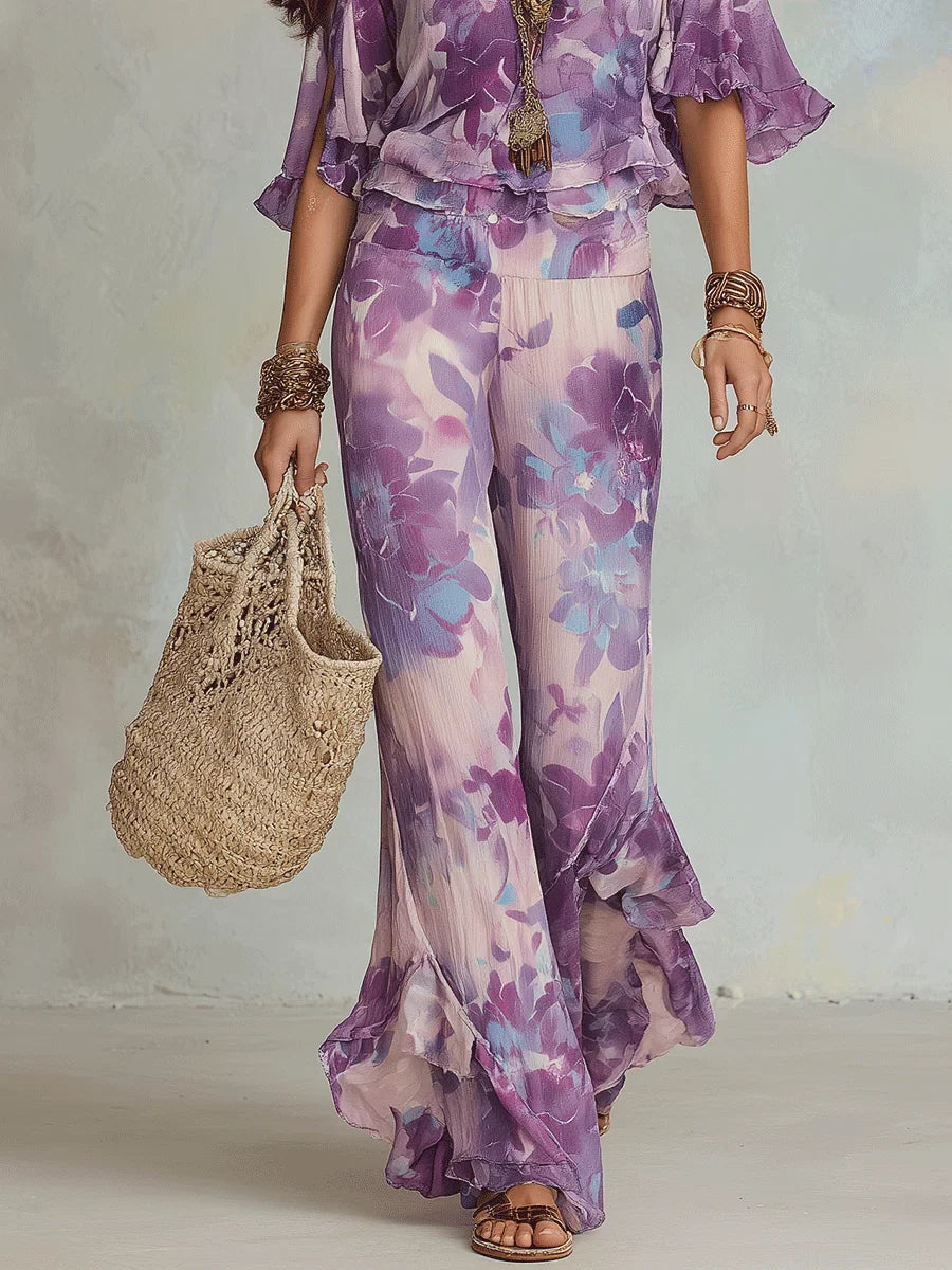 Brynora - Ensemble femme deux pièces floral top col V pantalon évasé volants