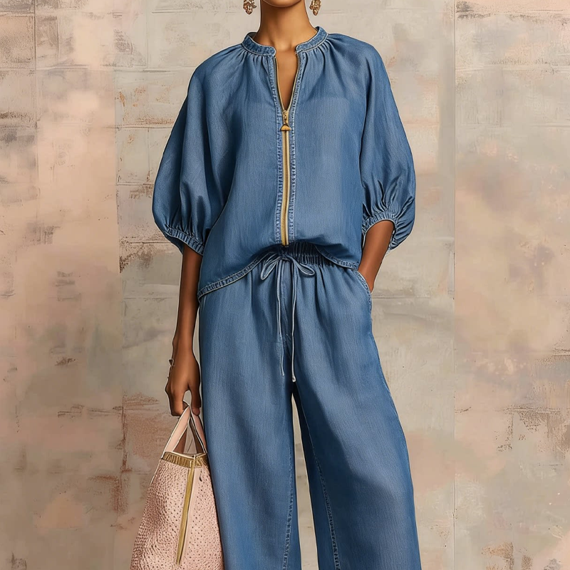 Calyndra -  Ensemble femme deux pièces uni avec haut zippé et pantalon large