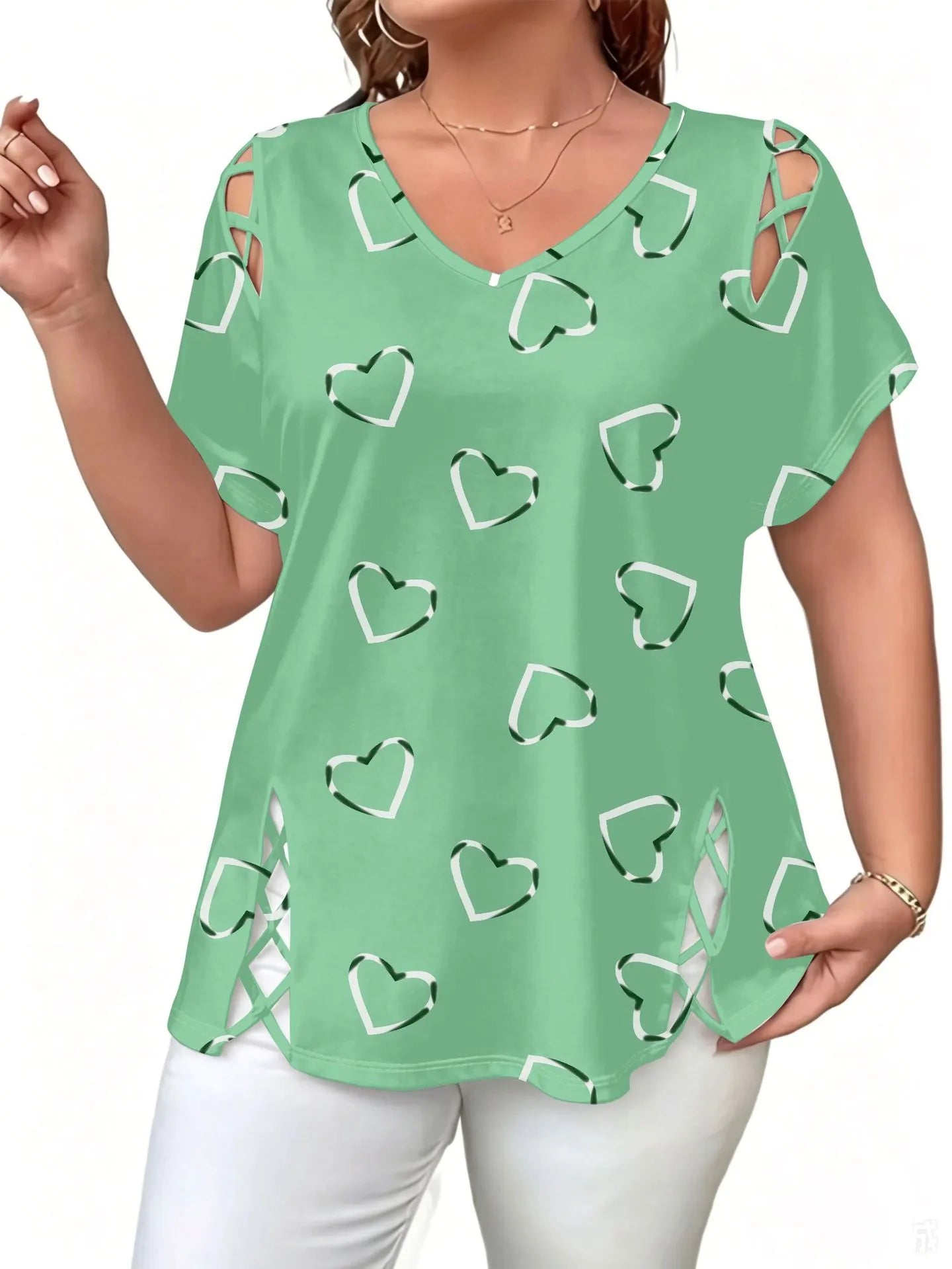 Elowra - Blouse femme col V avec imprimé cœurs