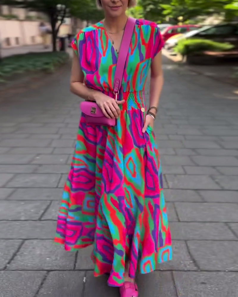 Roxana - Robe longue à imprimé coloré avec décolleté en V et manches raglan
