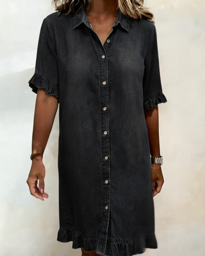Glytha - Robe Femme Denim Boutonnée Manches Volants Coupe Droite Décontractée
