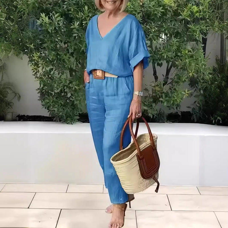 Loxaria - Ensemble femme haut col V pantalon poches style décontracté
