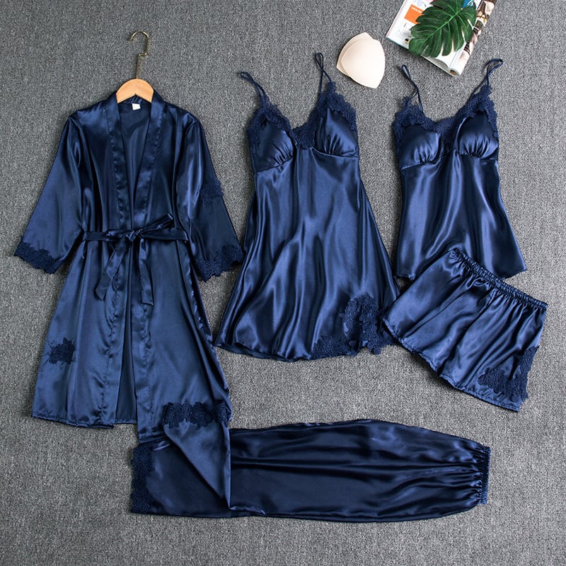 Elyssara - Ensemble De Nuit En Satin Glacé 5 Pièces Pour Femme