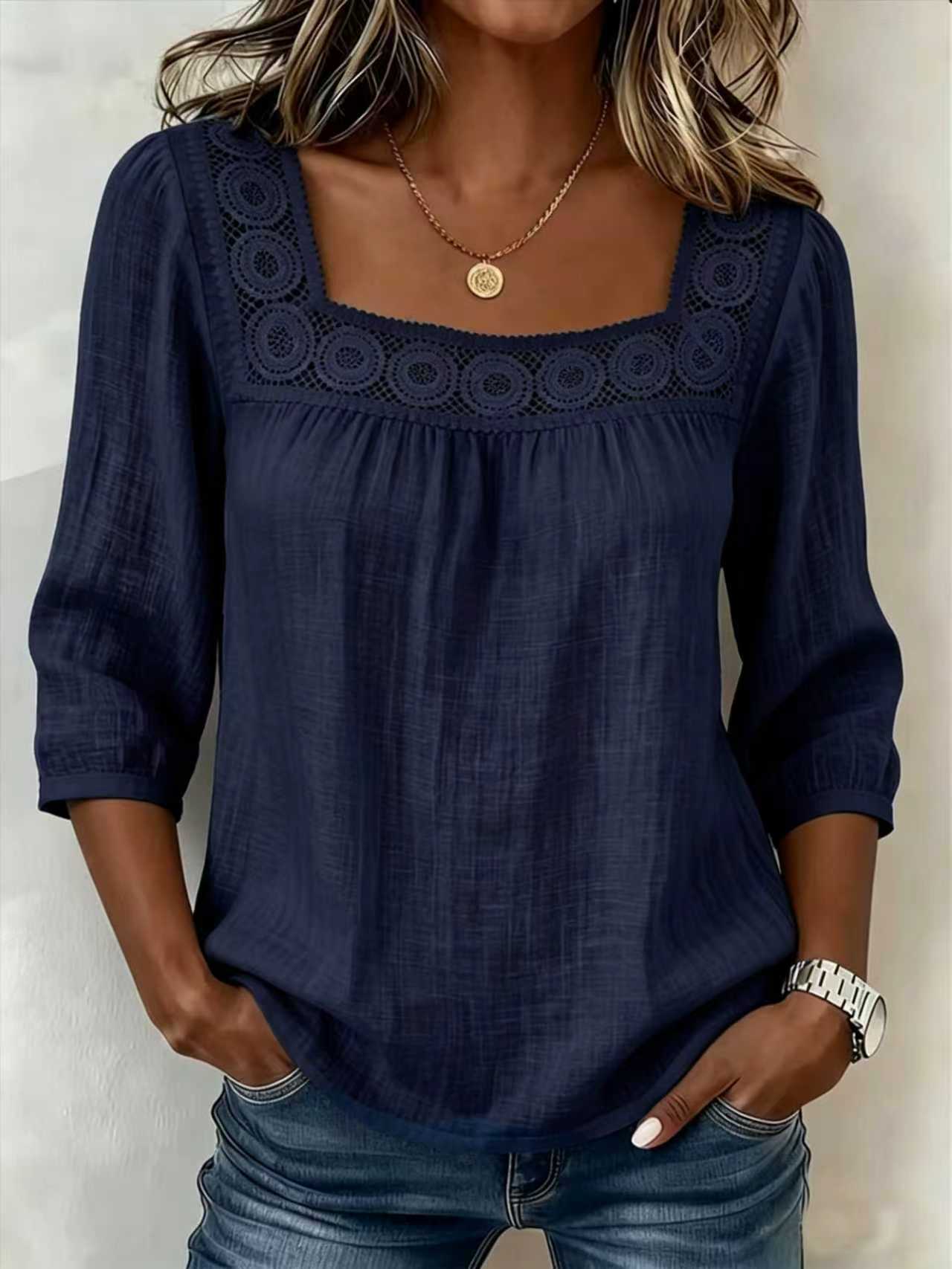Myzaria - Blouse femme à décolleté carré avec dentelle élégante
