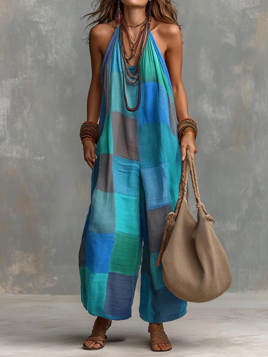 Izzorae - Combinaison femme patchwork ample coton lin été plage
