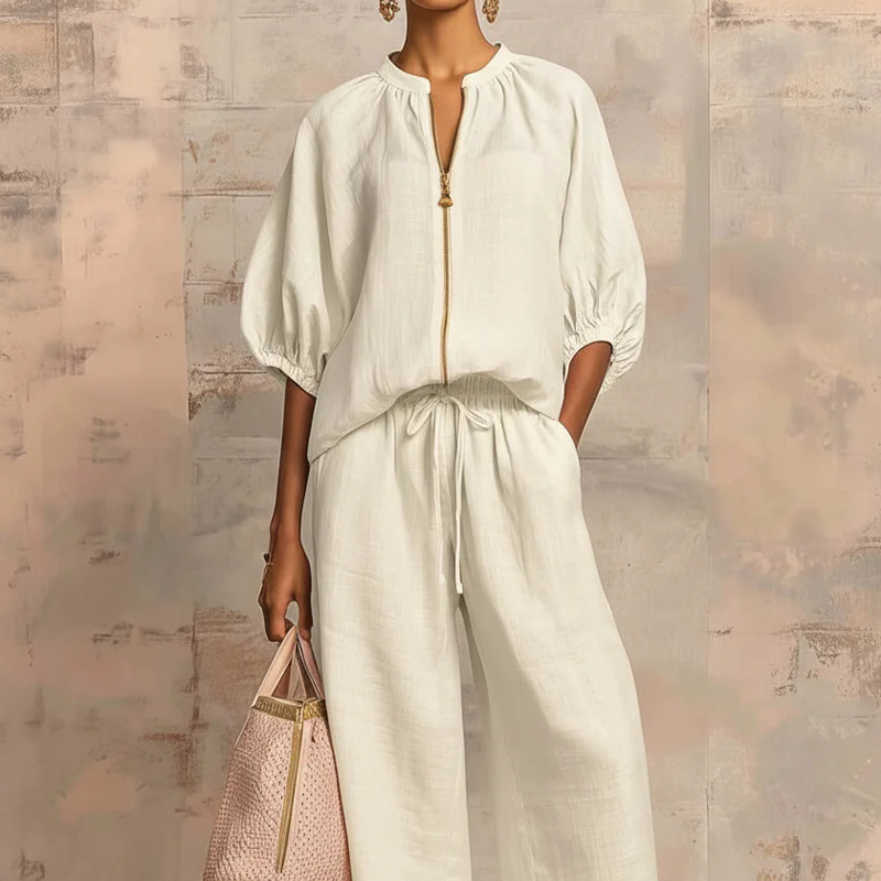 Calyndra -  Ensemble femme deux pièces uni avec haut zippé et pantalon large