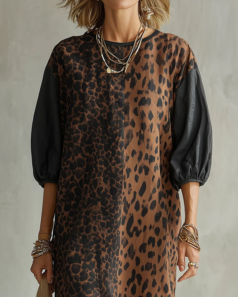 Milou - Women's flowy leopard dress with elegant puff sleeves