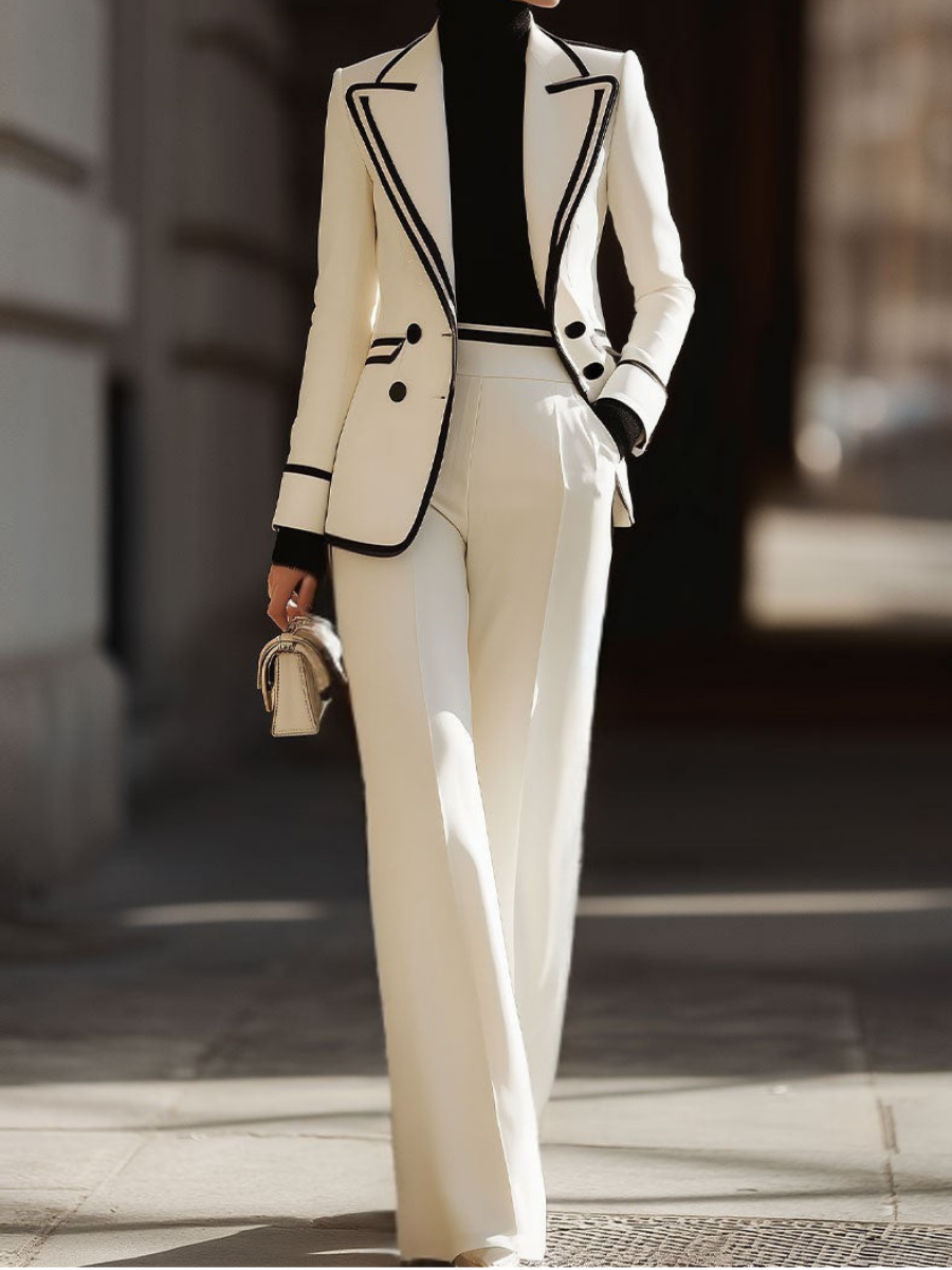 Praxine - Ensemble Femme Tailleur Élégant Blazer Double Boutonnage et Pantalon Large