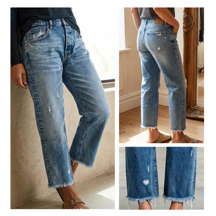 Cazira - Jean Femme Coupe Droite Cropped Denim Confort Moderne