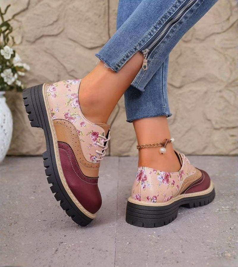 Maan - Chaussures Oxford Femme à Lacets avec Motif Floral et Semelle Épaisse