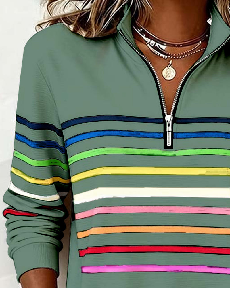 Isavelline - Sweat Zippé Décontracté à Rayures Colorées