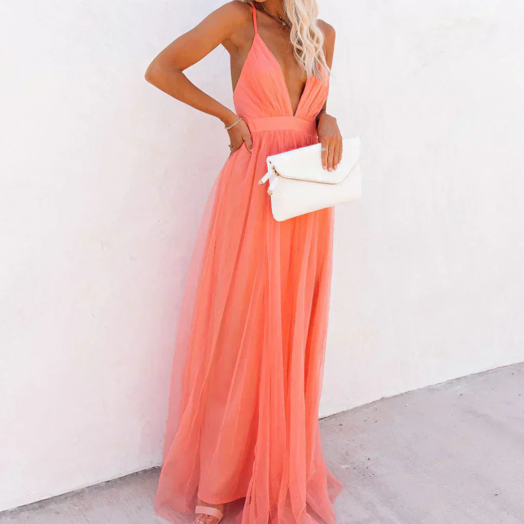 Jaxira - Robe femme longue fluide col V dos nu coupe élégante soirée