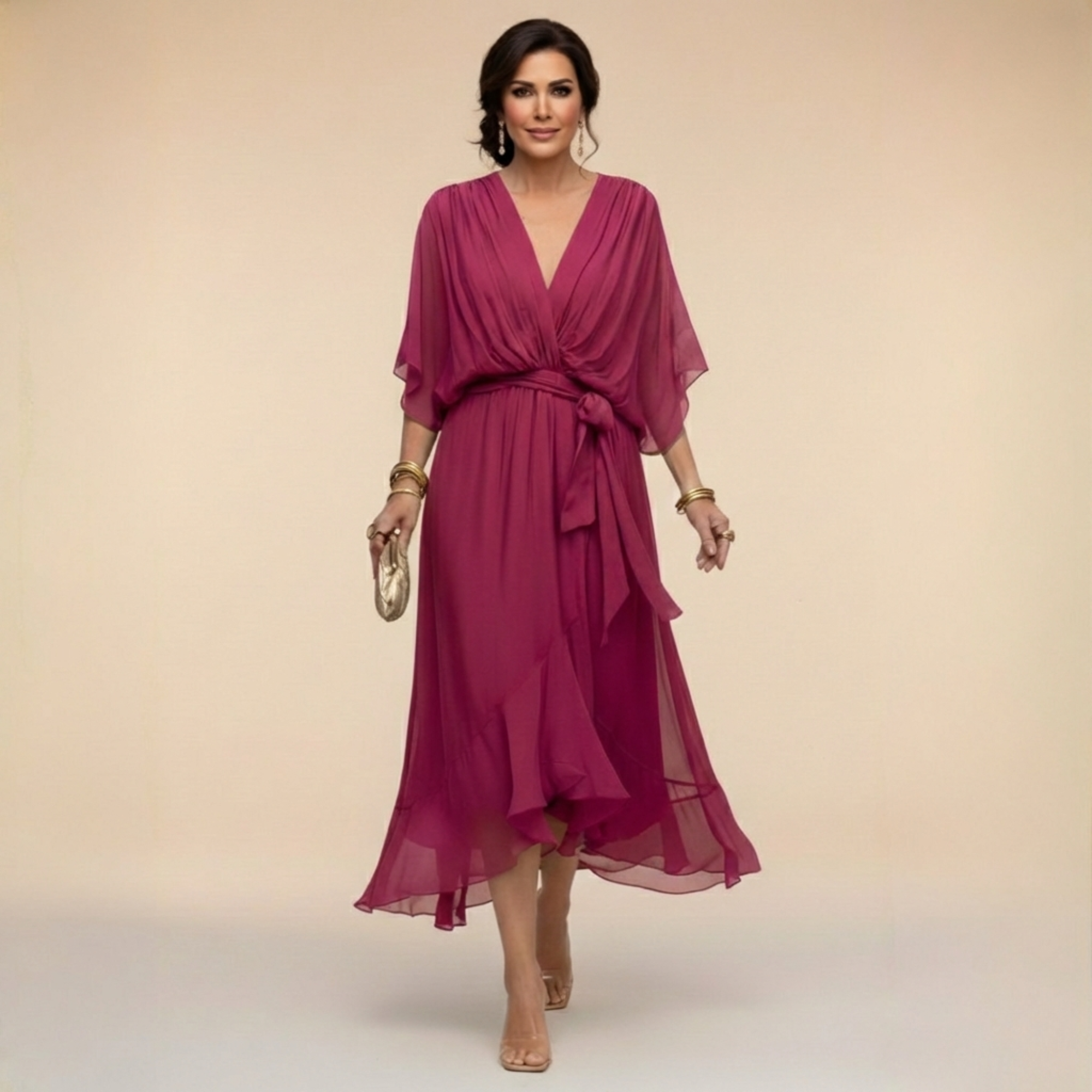 Lazira - Robe femme midi fluide col V manches amples ceinture élégante