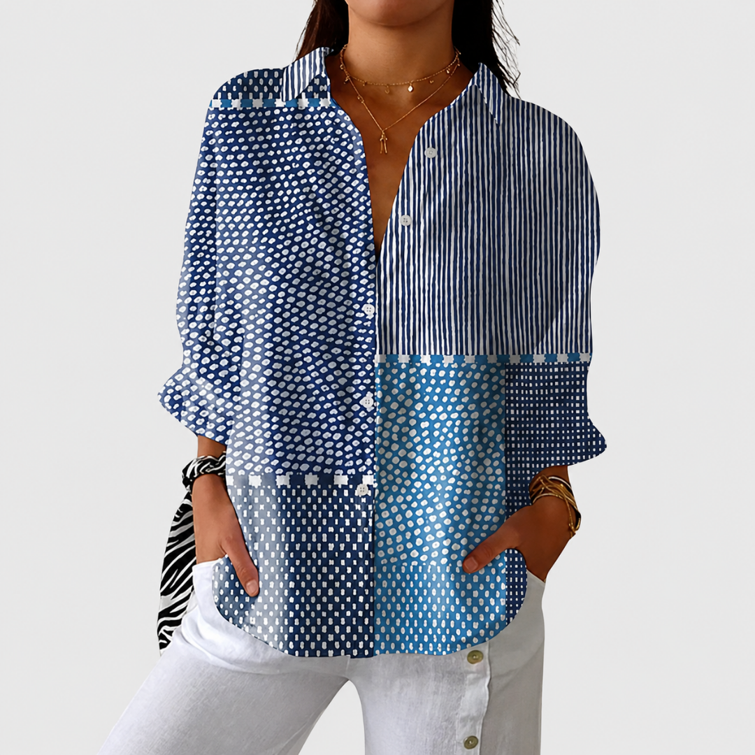 Adria - Blouse femme imprimée patchwork avec col classique boutonné