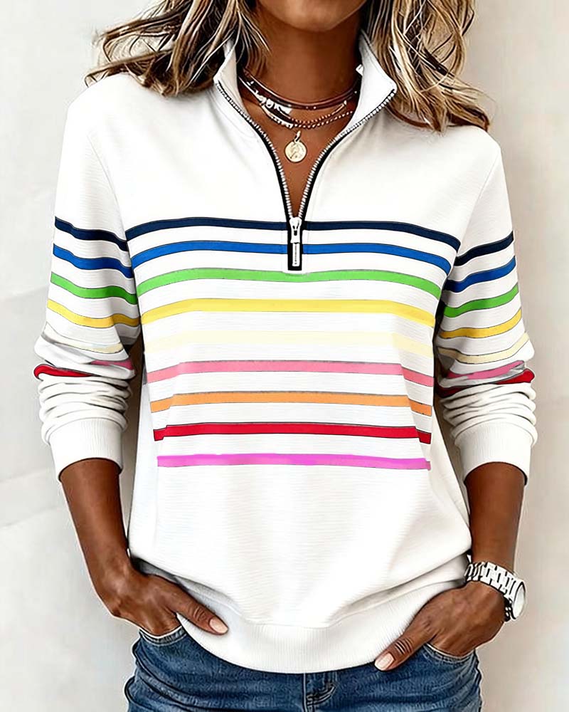 Isavelline - Sweat Zippé Décontracté à Rayures Colorées