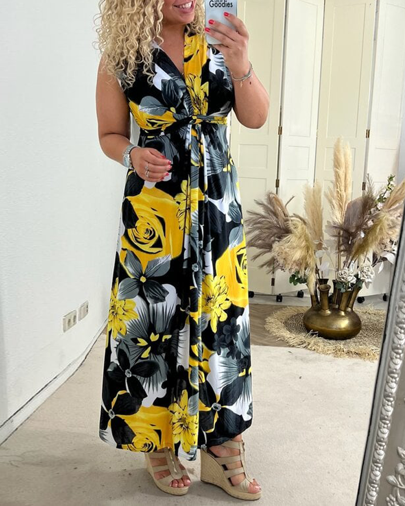 Sacha - Robe élégante sans manches à imprimé floral plissé