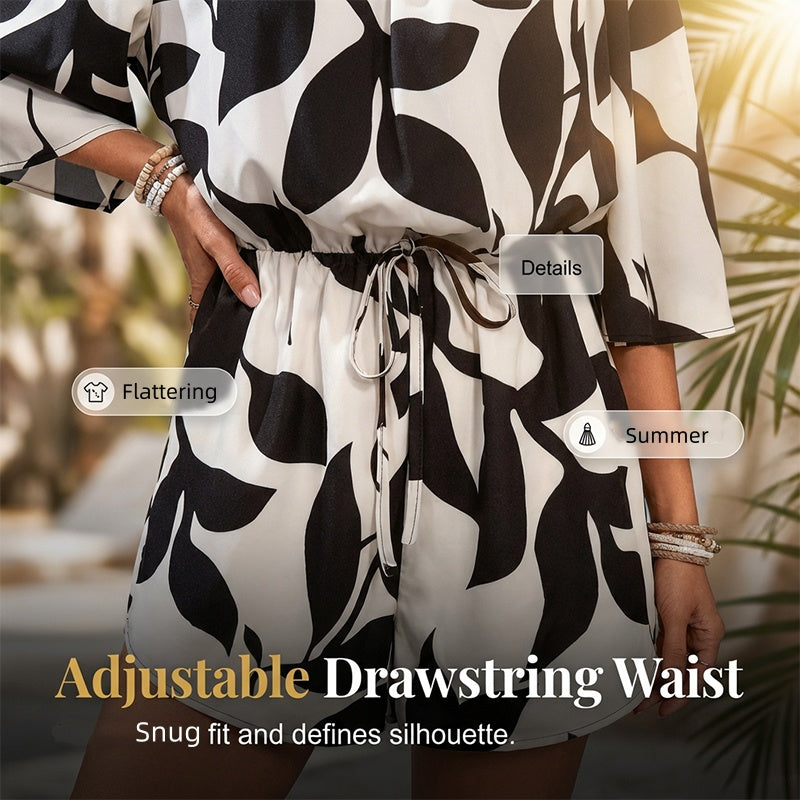 Ivoriah - Combinaison short femme épaules dénudées à imprimé feuilles