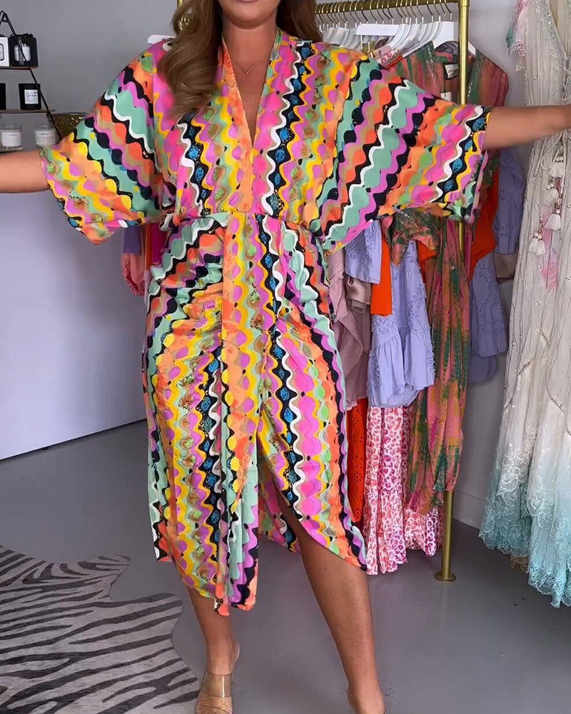 Rosaria - Robe Midi à Col V Multicolore pour Femmes