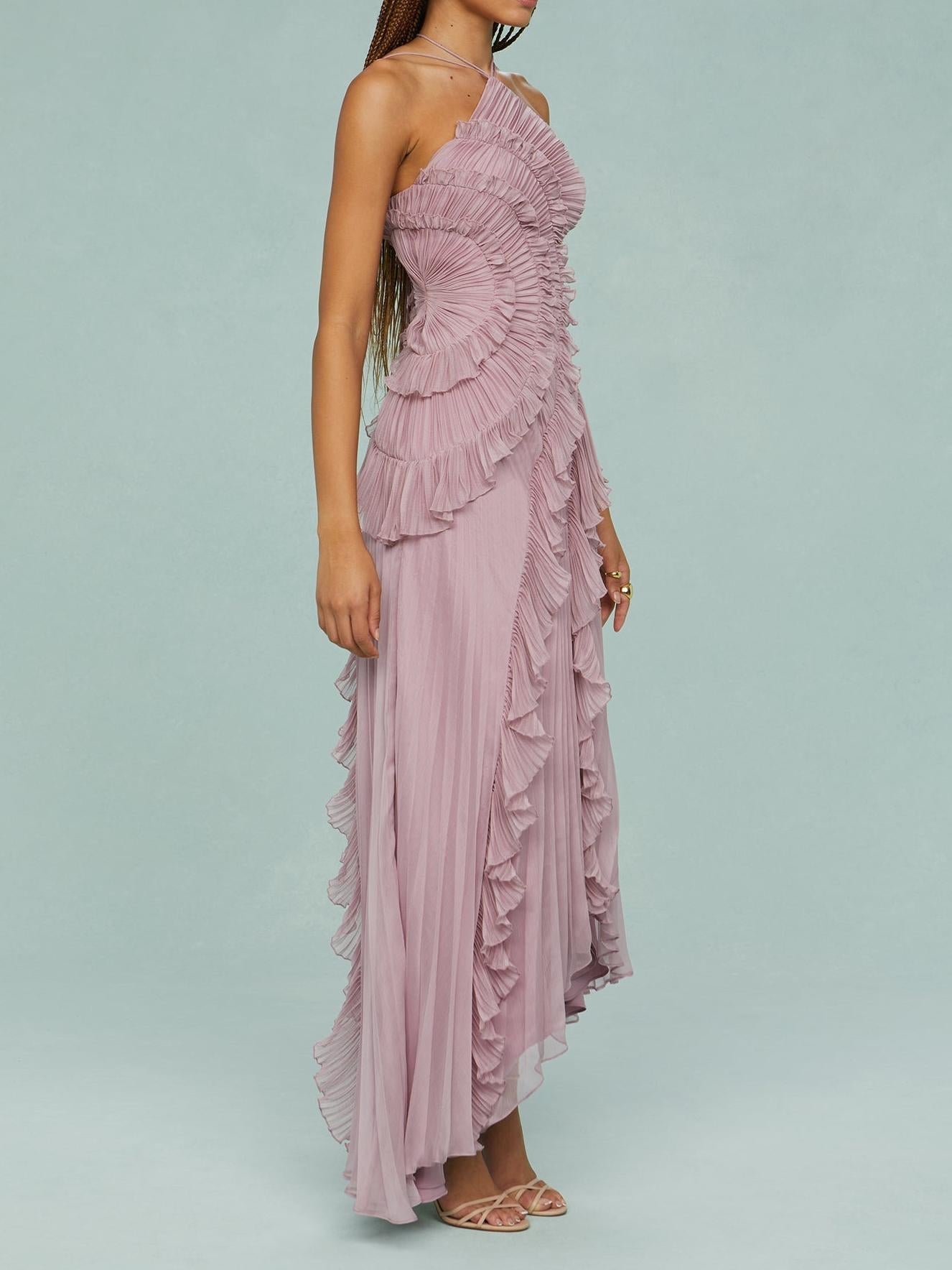 Bravielle - Robe longue femme plissée avec volants asymétriques élégants