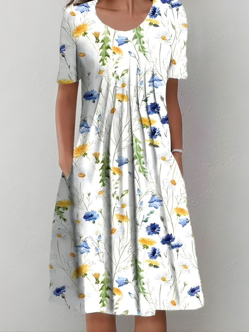 Aurexia - Robe Femme Florale Plissée Manches Courtes Coupe Fluide Élégante