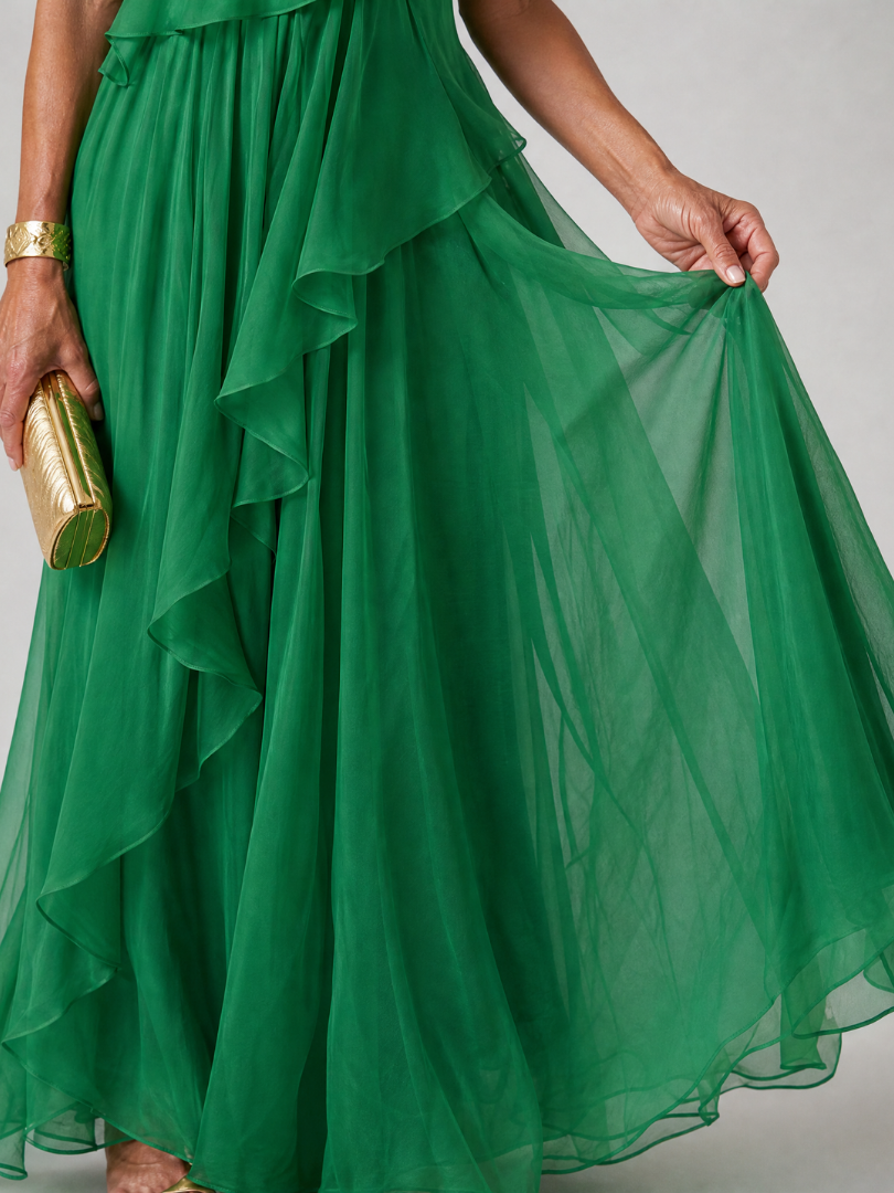 Zeline - Robe maxi verte asymétrique à volants
