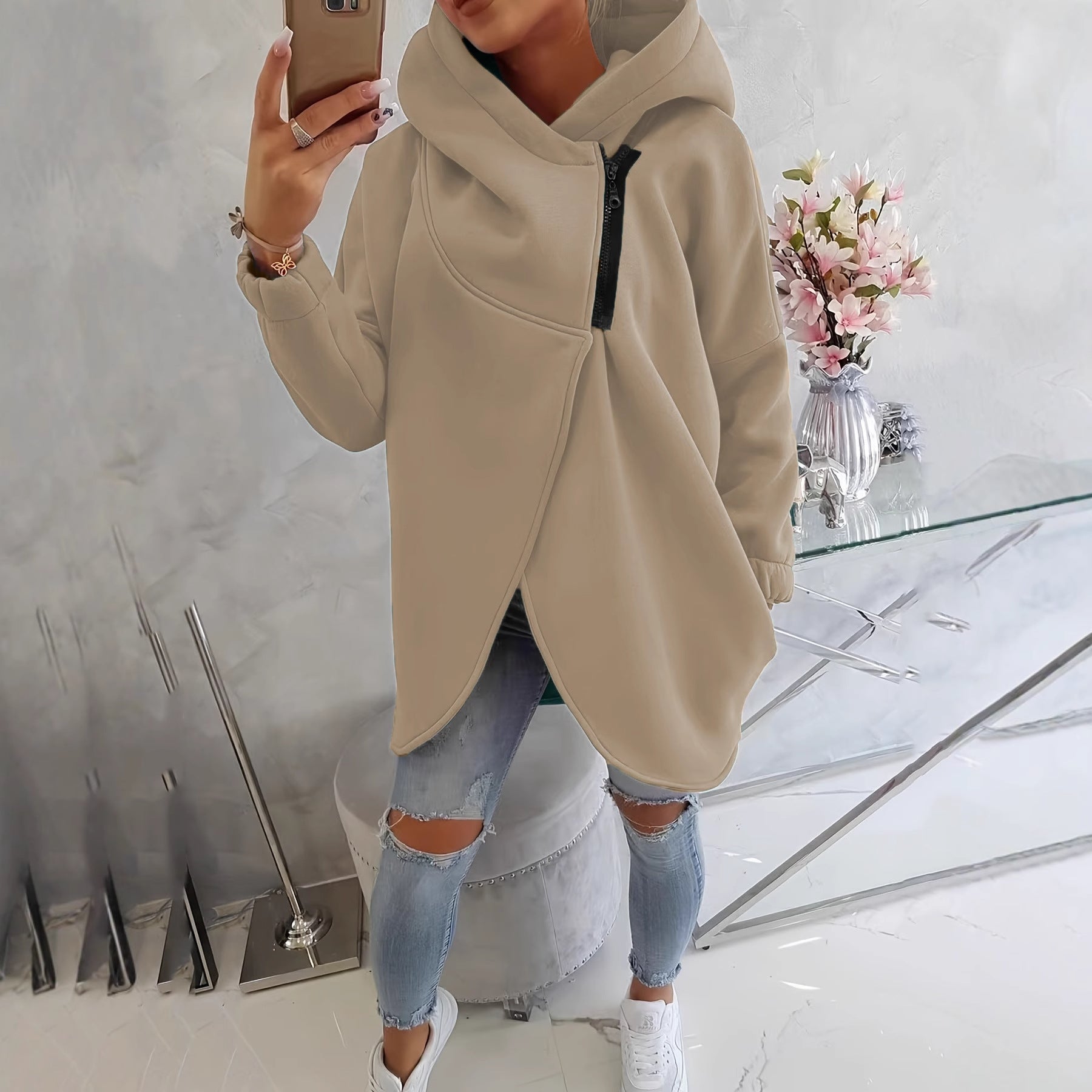 Quenlisse - Sweat à capuche zippé pour femme avec poches avant