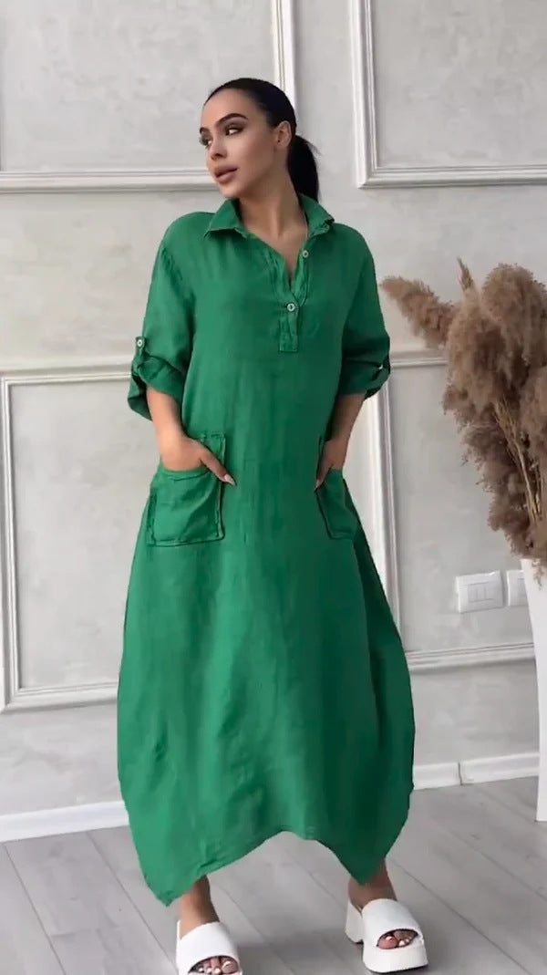 Leontine - Robe maxi femme en lin et coton avec revers