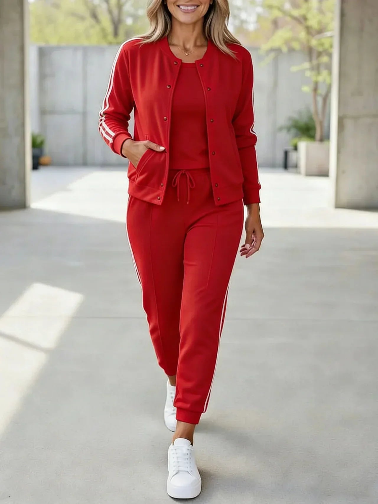 Quenith - Ensemble Femme 3 Pièces Sport Chic Veste Pantalon Rayures Élégantes