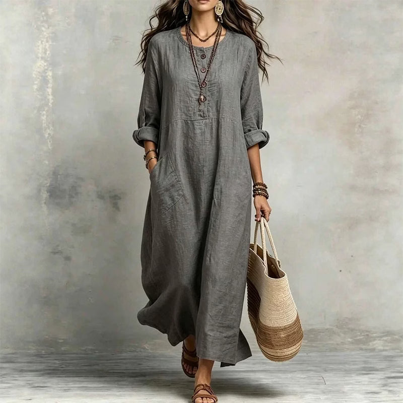 Jantje - Robe Longue Ample pour Femme à Manches Longues et Poches