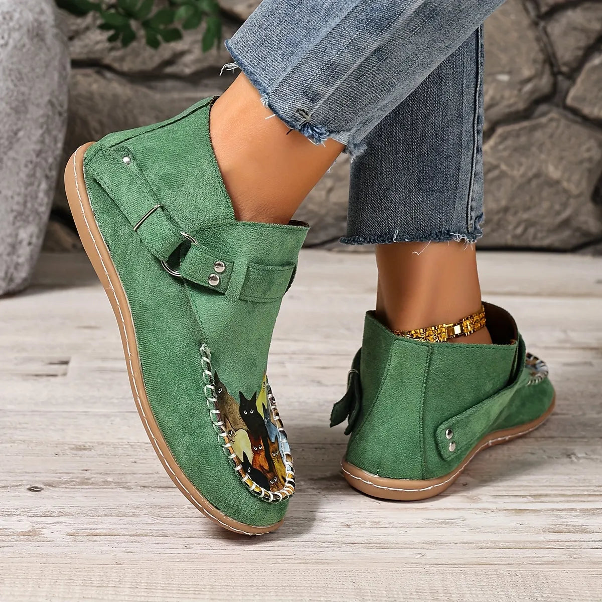 Annefleur - Mocassins femme imprimé chat à enfiler