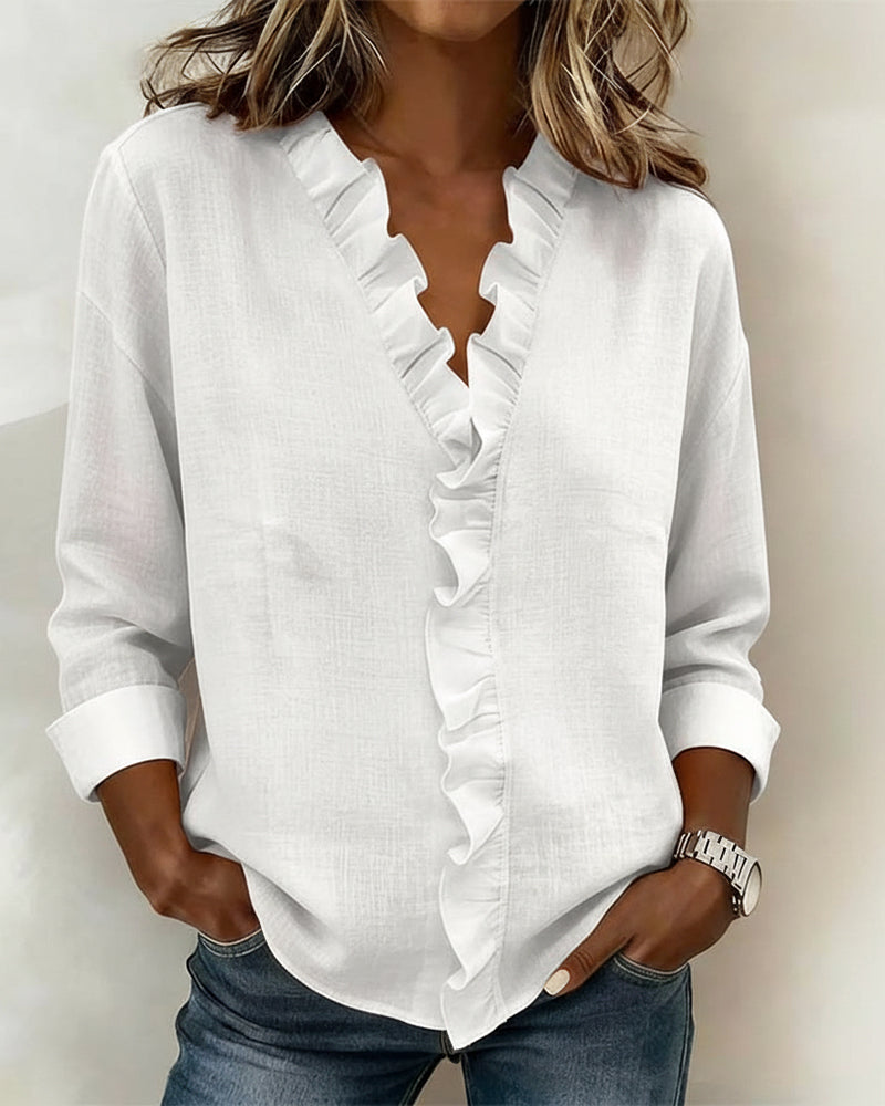 Elissavienne - Blouse Coton Élégante à Volants Col V