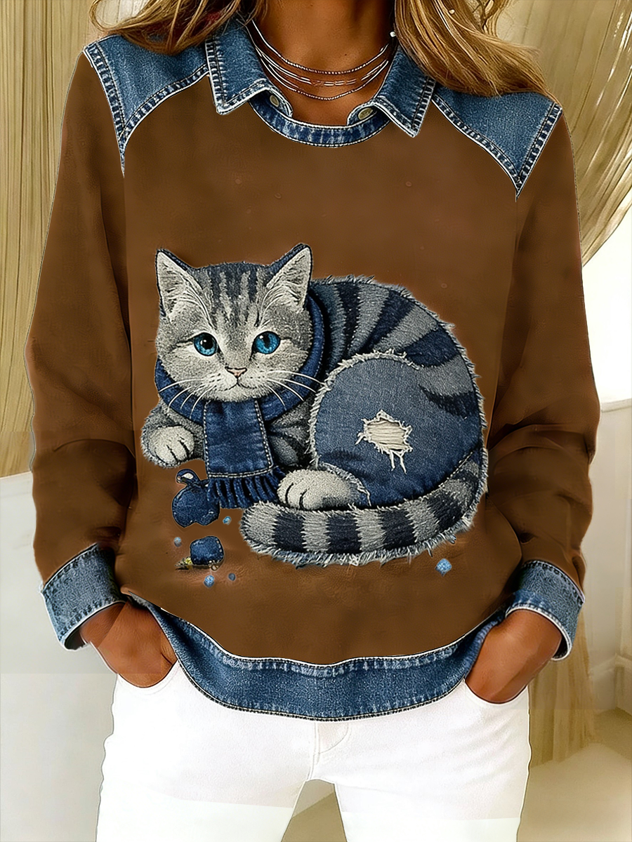 Oravellissa - Sweat-shirt en Denim Patchwork Rétro