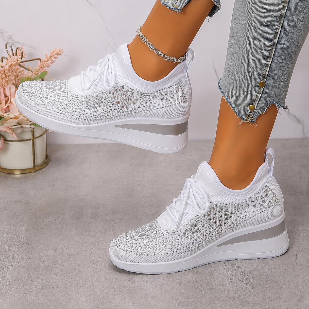 Esmeralda - Baskets femme compensées scintillantes avec maille respirante