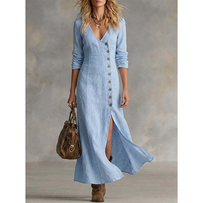 Quinalisse - Robe chemise vintage élégante à manches longues midi