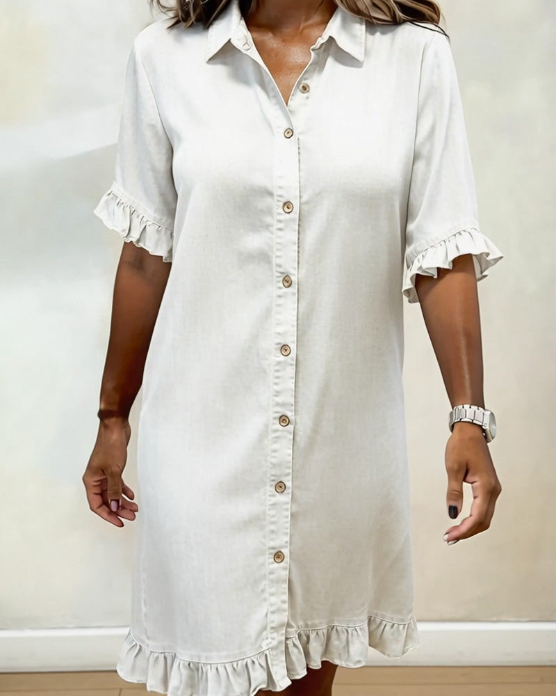 Glytha - Robe Femme Denim Boutonnée Manches Volants Coupe Droite Décontractée
