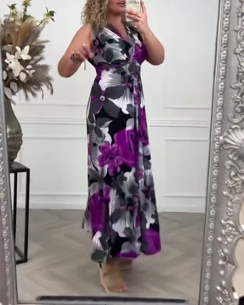 Sacha - Robe élégante sans manches à imprimé floral plissé