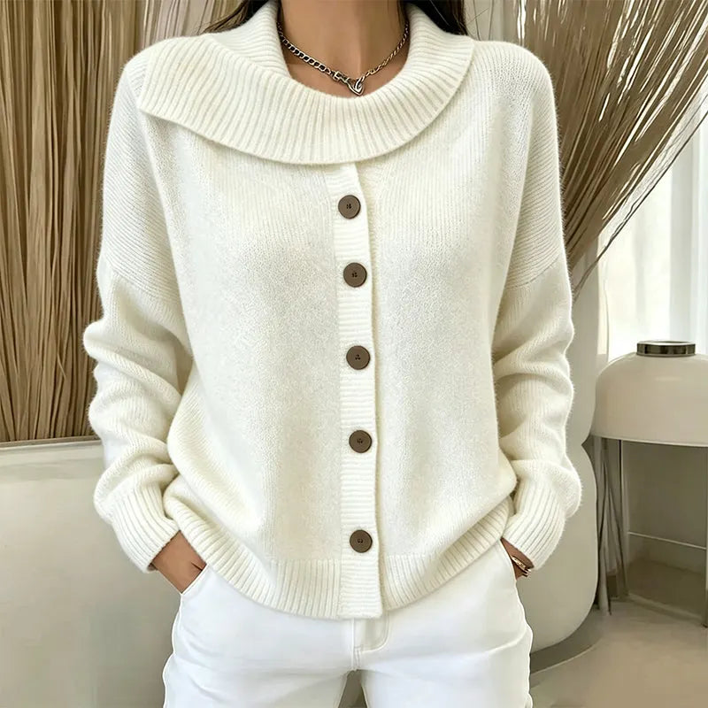 Cornelia - Women's Knitted Cardigan with Irregular Collar and Buttons