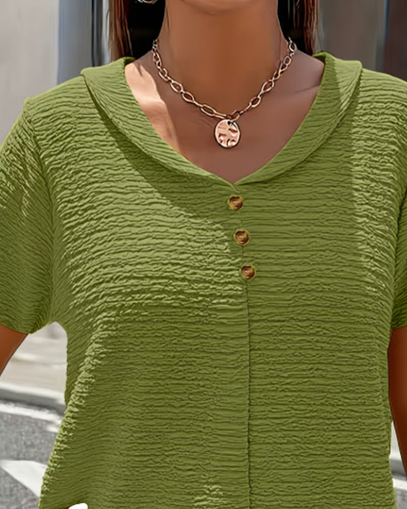 Syzelle - T-shirt femme col rond texturé manches courtes boutons décoratifs élégant
