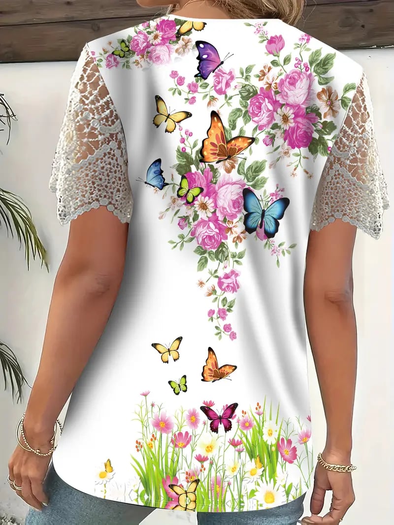 Myressa - Top femme floral à col V et manches en dentelle