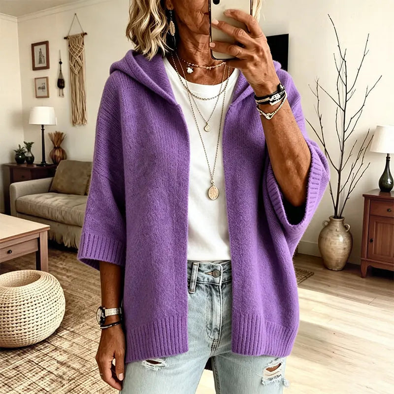 Mabel - Cardigan en tricot femme ample à capuche manches 3/4