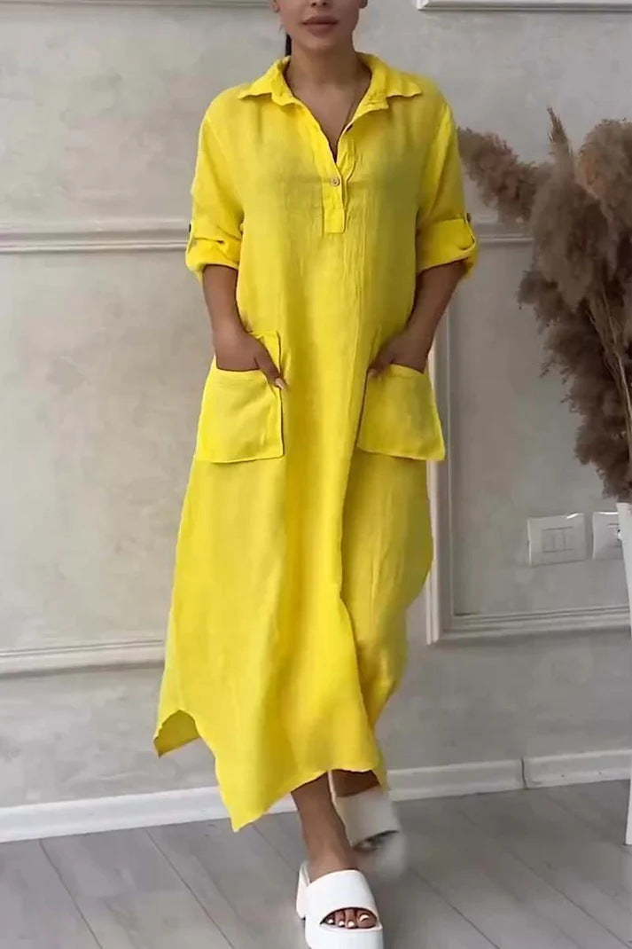 Leontine - Robe maxi femme en lin et coton avec revers